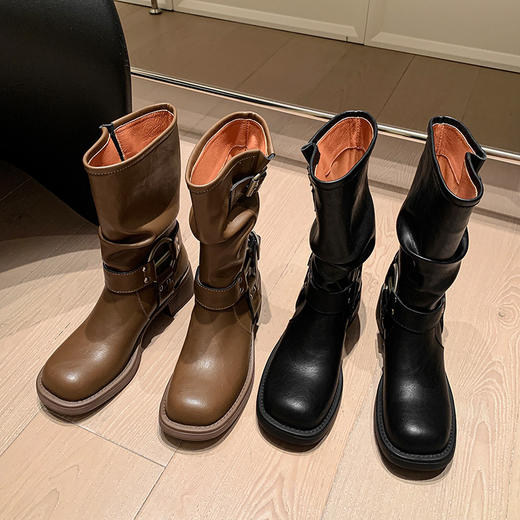 MOMO 牛皮欧美西部牛仔靴皮带扣堆堆靴中筒长靴女高筒骑士靴子马丁靴 商品图3
