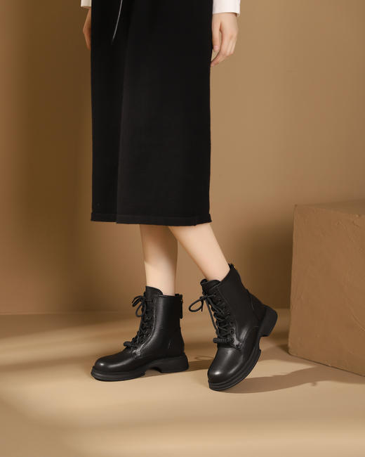 西村名物2023秋季新品方头粗跟袜系带短靴马丁靴X23DS4514101 商品图7