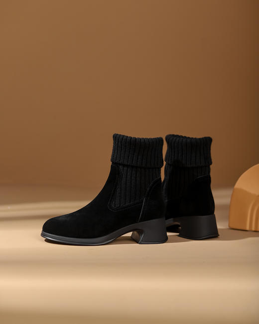 西村名物2023秋季新品圆头粗跟袜套靴系带短靴马丁靴X23DS45381 商品图1