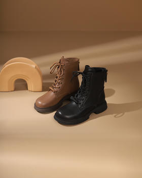 西村名物2023秋季新品方头粗跟袜系带短靴马丁靴X23DS4514101