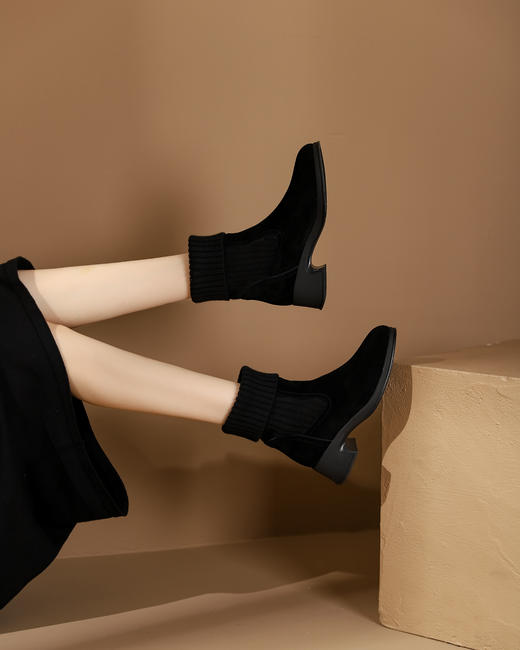 西村名物2023秋季新品圆头粗跟袜套靴系带短靴马丁靴X23DS45381 商品图7