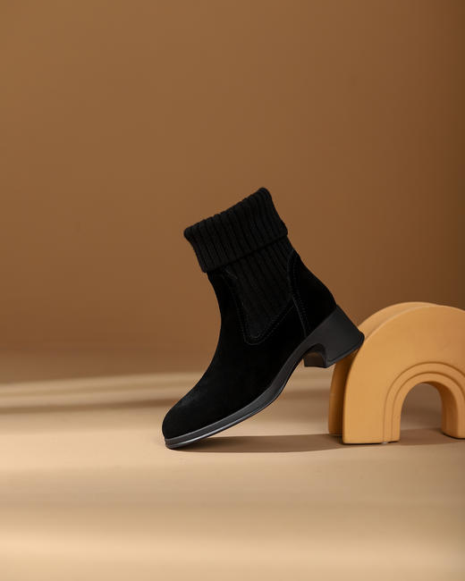 西村名物2023秋季新品圆头粗跟袜套靴系带短靴马丁靴X23DS45381 商品图2