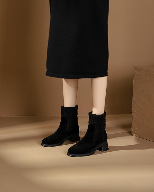 西村名物2023秋季新品圆头粗跟袜套靴系带短靴马丁靴X23DS45381 商品图6