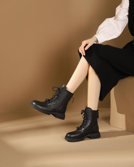 西村名物2023秋季新品方头粗跟袜系带短靴马丁靴X23DS4514101 商品图8