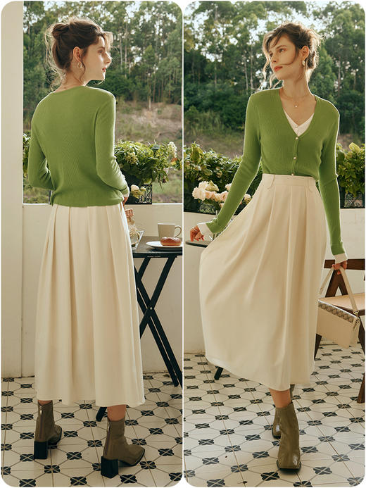 OLrain欧芮儿绿色针织开衫初秋2023年新款显瘦假两件双层v领外套 商品图3