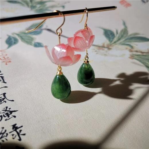 莲花耳坠粉色花朵绿色水滴耳环耳夹中式小众原创设计超仙女风耳饰 商品图8
