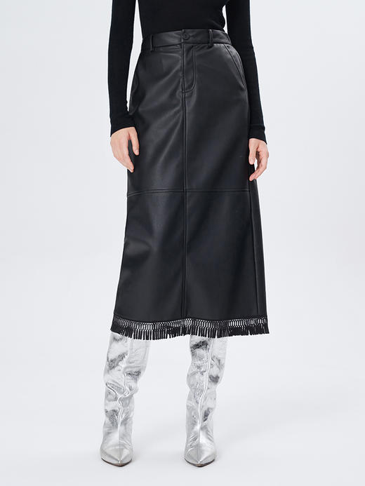 Self Who环保蛋白皮黑色半身裙女秋冬2023新款直筒显瘦后开叉裙子 商品图0