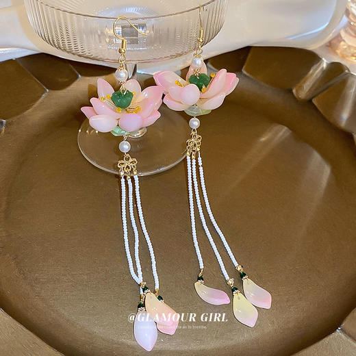 莲花珍珠米珠流苏耳环女款森系时尚小众耳钩个性百搭感耳饰女 商品图5