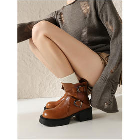 舒适百搭，全牛皮厚底皮带扣靴子QQJ-JZ-999F