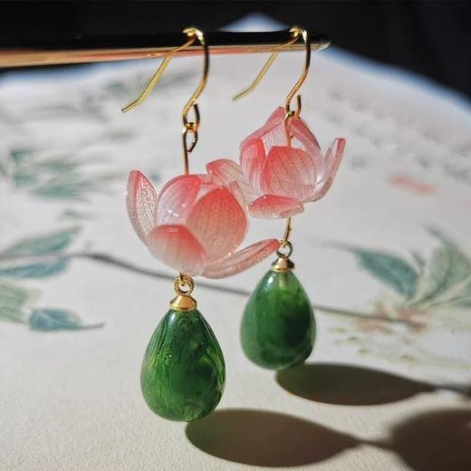 莲花耳坠粉色花朵绿色水滴耳环耳夹中式小众原创设计超仙女风耳饰 商品图3