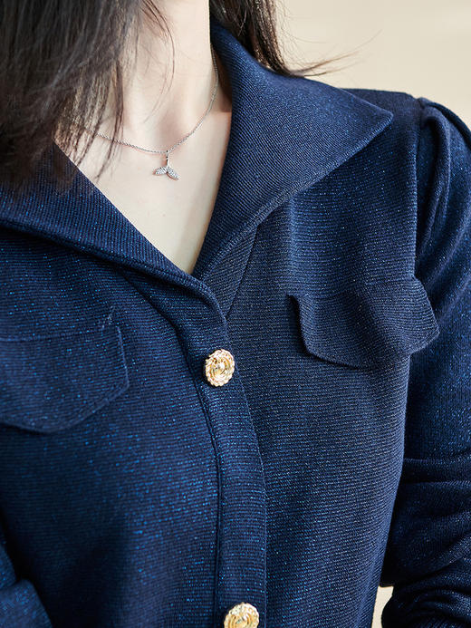 剩S/M 米思阳2025秋冬季新款时尚设计感藏蓝色连衣裙亮丝减龄百褶裙子3086 商品图4