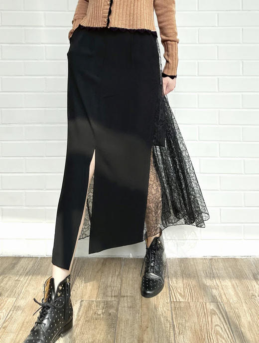 TYNVIE 拼接蕾丝裙摆铅笔裙-黑色 商品图4