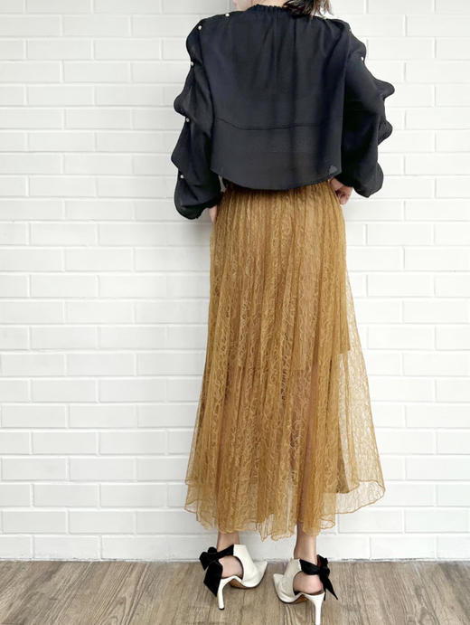 TYNVIE 拼接蕾丝裙摆铅笔裙-卡其色 商品图5