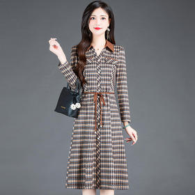 时尚气质，女装系带收腰中长款长袖春秋款A字裙衬衣领格纹连衣裙QYM-TYH-231389-Y