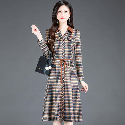 时尚气质，女装系带收腰中长款长袖春秋款A字裙衬衣领格纹连衣裙QYM-TYH-231389-Y 商品图0