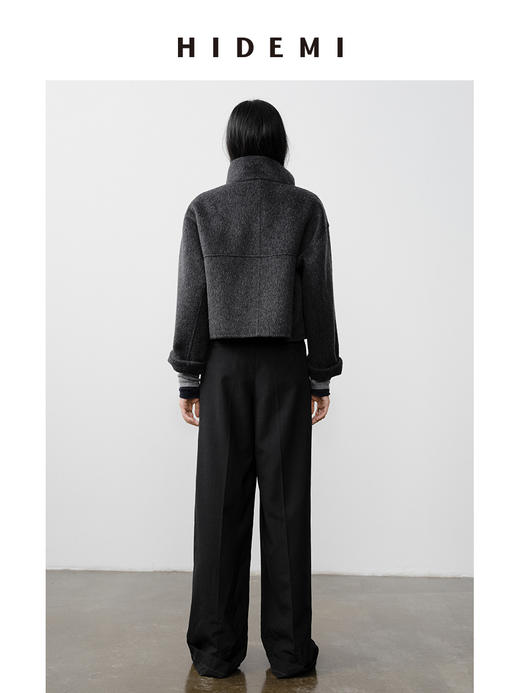HIDEMI 澳洲美利奴羊毛长毛不对称三粒扣立领式廓形短款大衣 商品图7