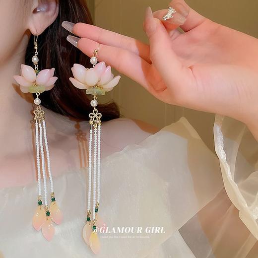 莲花珍珠米珠流苏耳环女款森系时尚小众耳钩个性百搭感耳饰女 商品图0