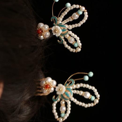 古风发梳蝴蝶颤簪烧蓝贝珠古典发簪现代日常点缀汉服发饰 商品图4