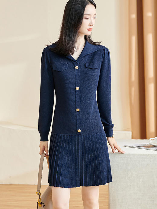 剩S/M 米思阳2025秋冬季新款时尚设计感藏蓝色连衣裙亮丝减龄百褶裙子3086 商品图1