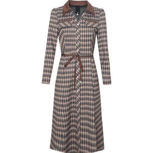 时尚气质，女装系带收腰中长款长袖春秋款A字裙衬衣领格纹连衣裙QYM-TYH-231389-Y 商品图4