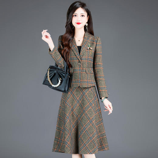 时尚气质，格纹裙西装短款上衣高腰半身裙套装裙两件套连衣裙QYM-TYH-231387-Y 商品图0