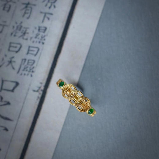 龢盒原创 中性风18k金镶翡翠铜钱戒指 商品图1