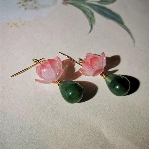 莲花耳坠粉色花朵绿色水滴耳环耳夹中式小众原创设计超仙女风耳饰 商品图2
