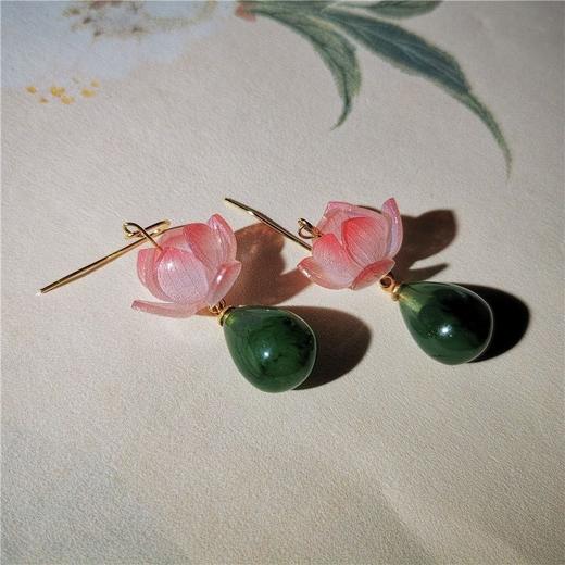莲花耳坠粉色花朵绿色水滴耳环耳夹中式小众原创设计超仙女风耳饰 商品图6