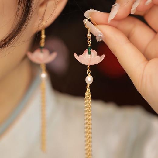 旗袍耳饰中式 荷花耳环小众设计感夏天长款流苏古风汉服耳坠 商品图1