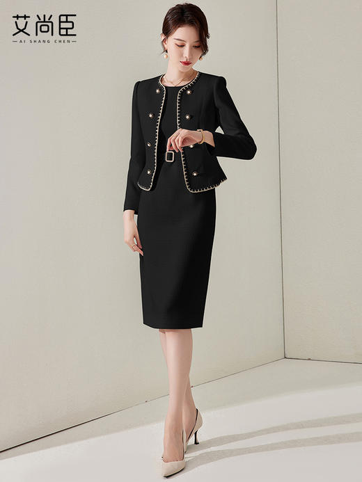 高级感黑色小香风套装裙女秋冬时尚气质名媛总裁西装连衣裙两件套 商品图2
