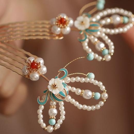 古风发梳蝴蝶颤簪烧蓝贝珠古典发簪现代日常点缀汉服发饰 商品图0