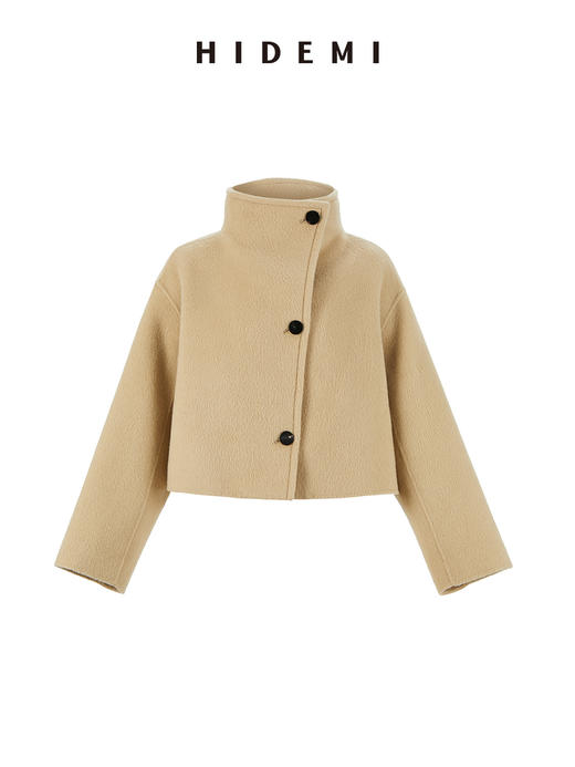 HIDEMI 澳洲美利奴羊毛长毛不对称三粒扣立领式廓形短款大衣 商品图8