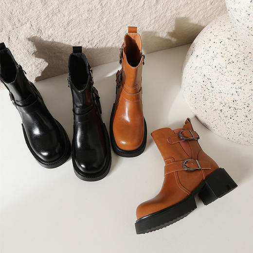 舒适百搭，全牛皮厚底皮带扣靴子QQJ-JZ-999F 商品图4