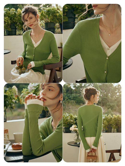 OLrain欧芮儿绿色针织开衫初秋2023年新款显瘦假两件双层v领外套 商品图1