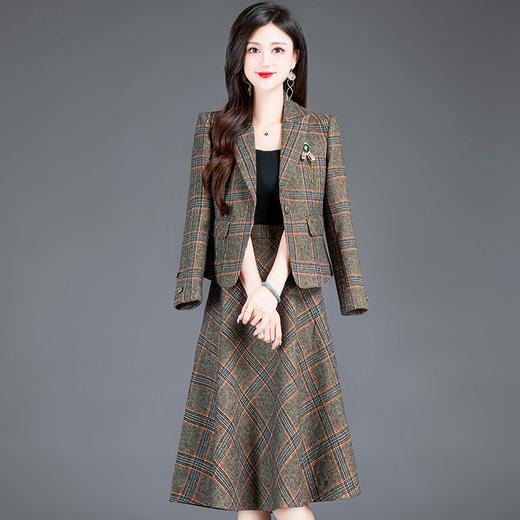 时尚气质，格纹裙西装短款上衣高腰半身裙套装裙两件套连衣裙QYM-TYH-231387-Y 商品图5