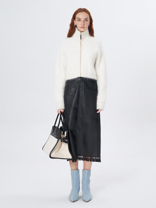 Self Who环保蛋白皮黑色半身裙女秋冬2023新款直筒显瘦后开叉裙子 商品图2