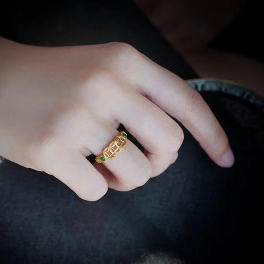 龢盒原创 中性风18k金镶翡翠铜钱戒指 商品图3