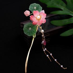 新中式古风旗袍琉璃荷花流苏步摇发簪精致超仙气质日常百搭发簪