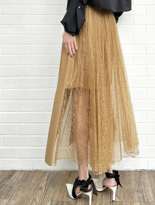 TYNVIE 拼接蕾丝裙摆铅笔裙-卡其色 商品图2