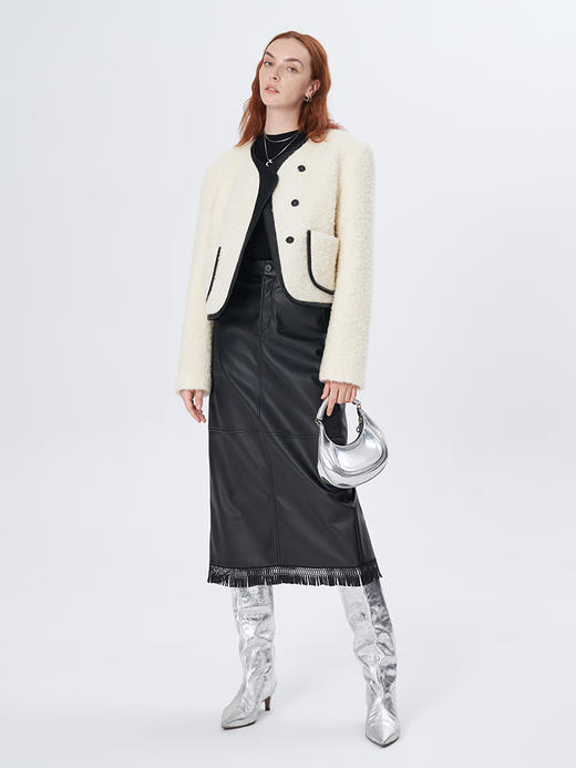 Self Who环保蛋白皮黑色半身裙女秋冬2023新款直筒显瘦后开叉裙子 商品图3