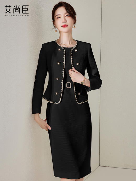 高级感黑色小香风套装裙女秋冬时尚气质名媛总裁西装连衣裙两件套 商品图1