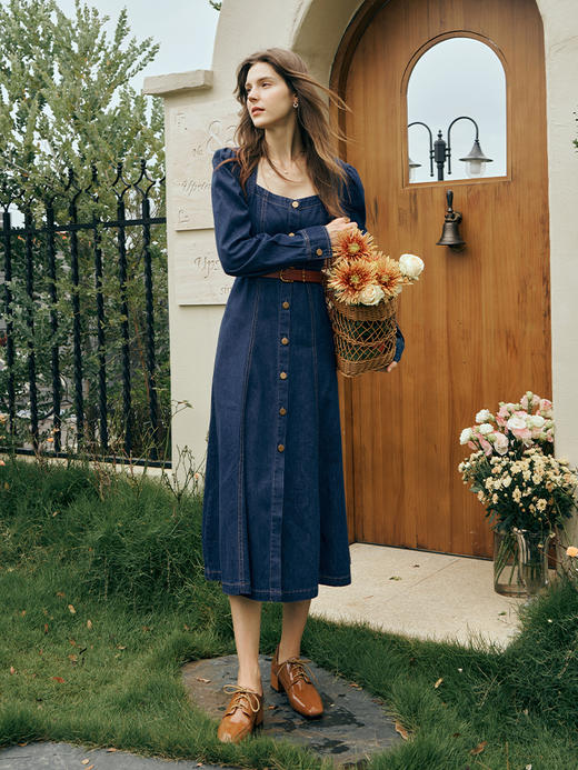 OLrain欧芮儿方领牛仔连衣裙女初秋2023年新款收腰复古一字肩裙子 商品图3