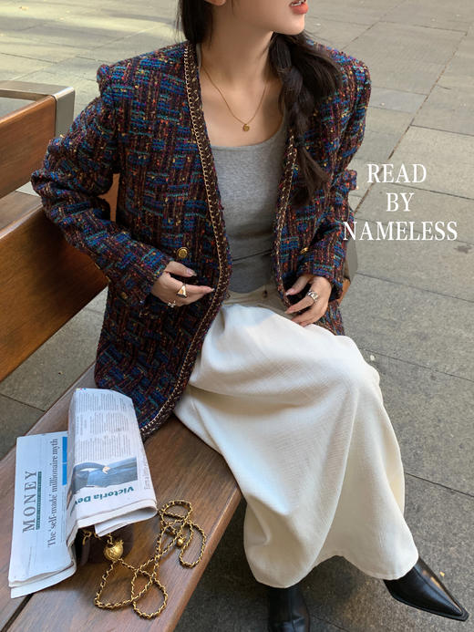 Read Nameless /纸醉金迷羊毛小香蓝紫色+灰色挂脖露肩打底衫+白日梦我小香裙 商品图13
