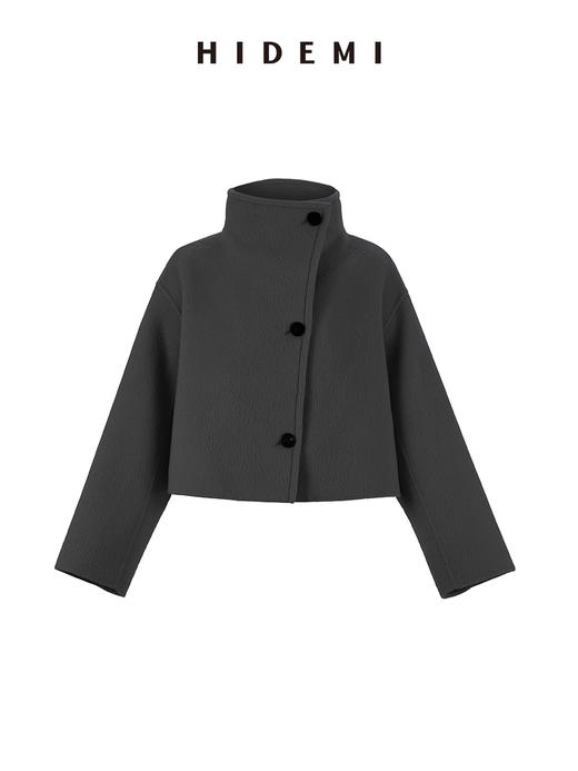 HIDEMI 澳洲美利奴羊毛长毛不对称三粒扣立领式廓形短款大衣 商品图9