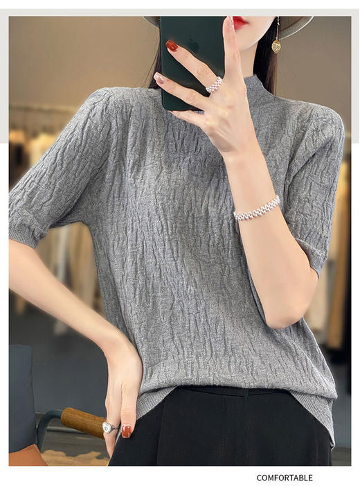 QH-JR309半高领纹理半袖套头百搭针织衫女宽松显瘦内搭纯色毛衣短袖五分袖 商品图0