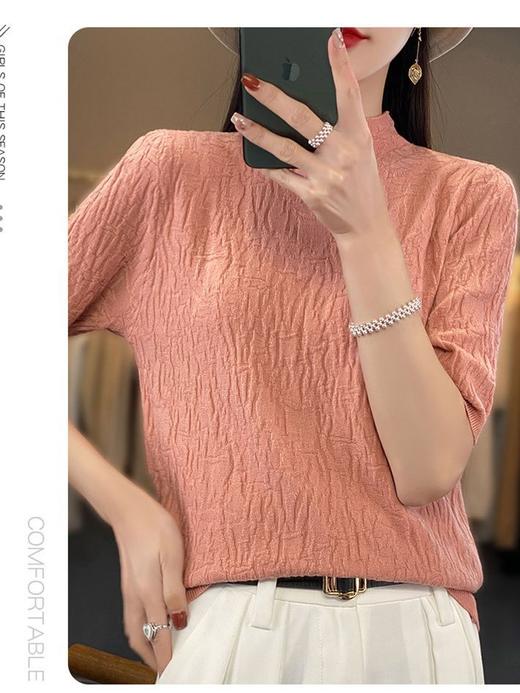 QH-JR309半高领纹理半袖套头百搭针织衫女宽松显瘦内搭纯色毛衣短袖五分袖 商品图2