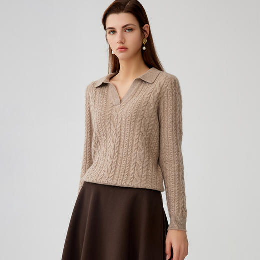 【纯羊绒V领绞花毛衣】羊绒世家秋冬新品100%山羊绒保暖毛衣 商品图1