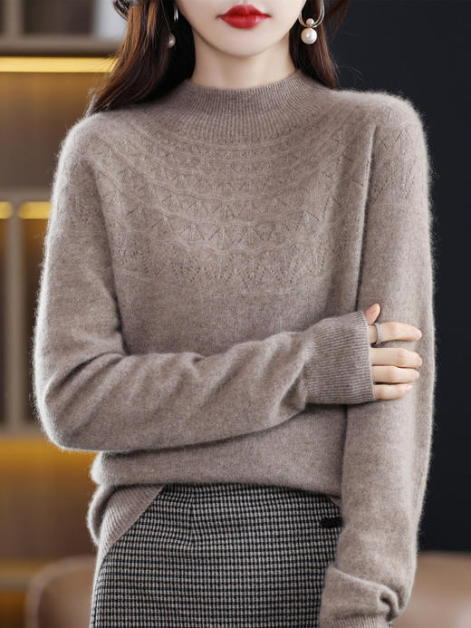 QH-D003一线成衣半高领镂空羊毛衫女秋冬宽松显瘦长袖打底羊毛毛衣 商品图2