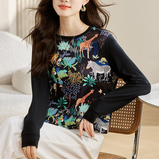 秋冬新款，针织女长袖百搭缎面印花套头毛衣休闲圆领T恤上衣KQL-762G296 商品图3