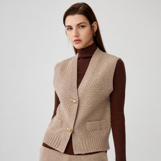 【纯羊绒无袖开衫】羊绒世家秋冬新品女士100%山羊绒V领单排扣小外套 商品图0